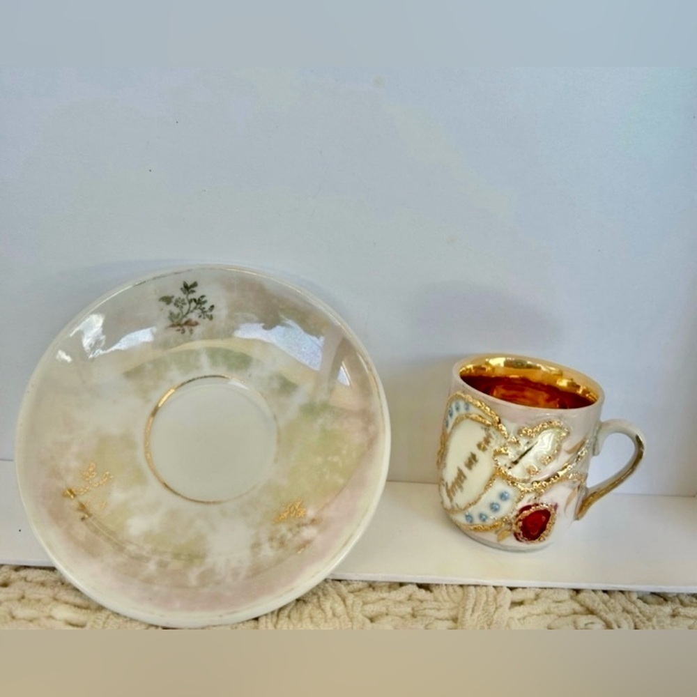 Vintage German Porcelain Demitasse Cup & Saucer Raised Enamel Gold Gilt Antique - Picture 9 of 10